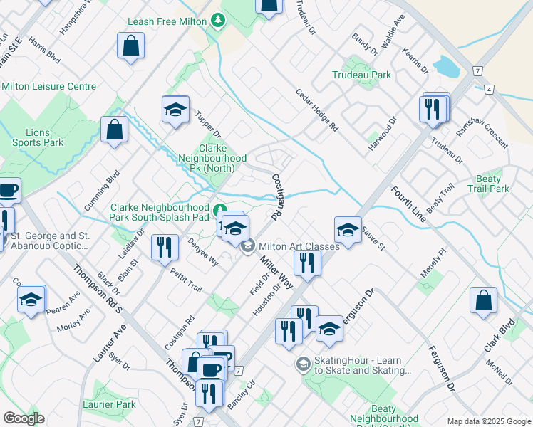 map of restaurants, bars, coffee shops, grocery stores, and more near 1252 Costigan Road in Milton