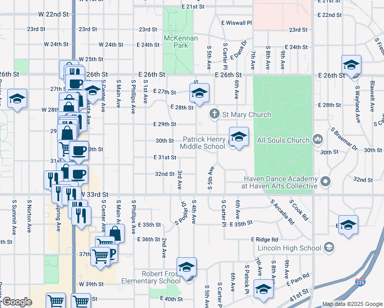 map of restaurants, bars, coffee shops, grocery stores, and more near 2305 South 4th Avenue in Sioux Falls