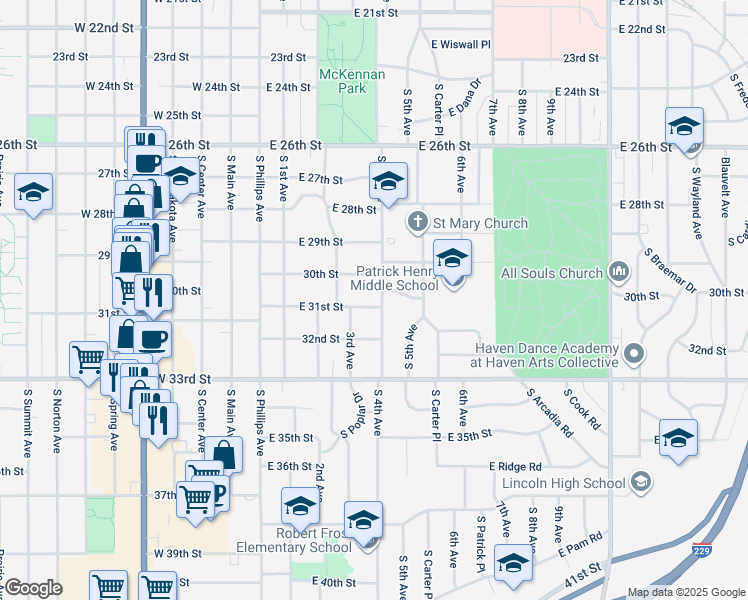 map of restaurants, bars, coffee shops, grocery stores, and more near 2305 South 4th Avenue in Sioux Falls