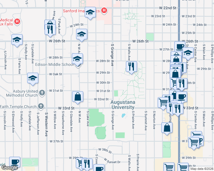 map of restaurants, bars, coffee shops, grocery stores, and more near 2301 South Euclid Avenue in Sioux Falls