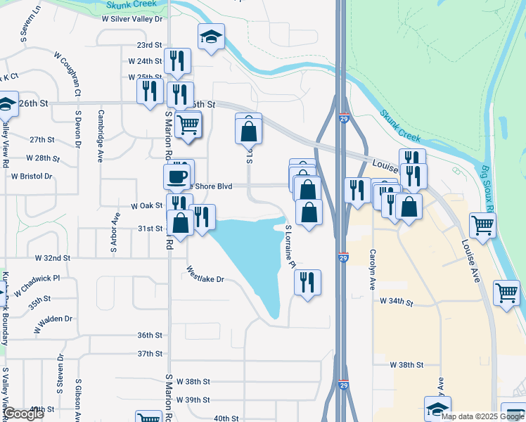 map of restaurants, bars, coffee shops, grocery stores, and more near West Jeanne Drive in Sioux Falls