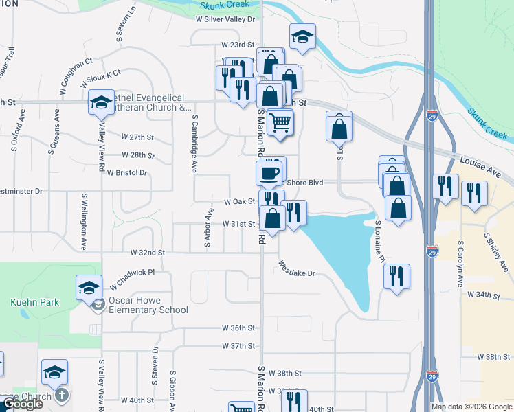 map of restaurants, bars, coffee shops, grocery stores, and more near 2300-2398 S Marion Rd in Sioux Falls
