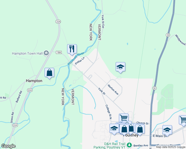 map of restaurants, bars, coffee shops, grocery stores, and more near 624 York Street in Poultney