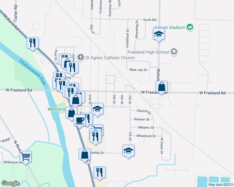 map of restaurants, bars, coffee shops, grocery stores, and more near 158 6th Street in Freeland