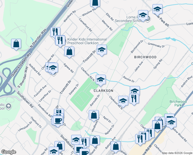 map of restaurants, bars, coffee shops, grocery stores, and more near 1379 Clarkson Road North in Mississauga
