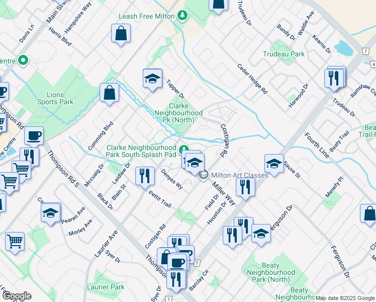 map of restaurants, bars, coffee shops, grocery stores, and more near 1170 Laurier Avenue in Milton
