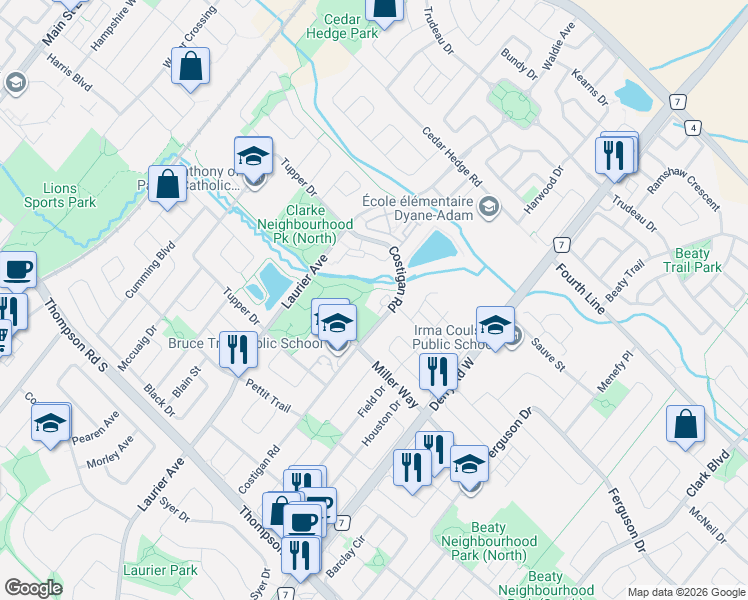 map of restaurants, bars, coffee shops, grocery stores, and more near 1287 Costigan Road in Milton