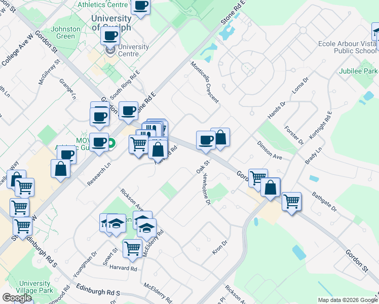map of restaurants, bars, coffee shops, grocery stores, and more near 803 Gordon Street in Guelph