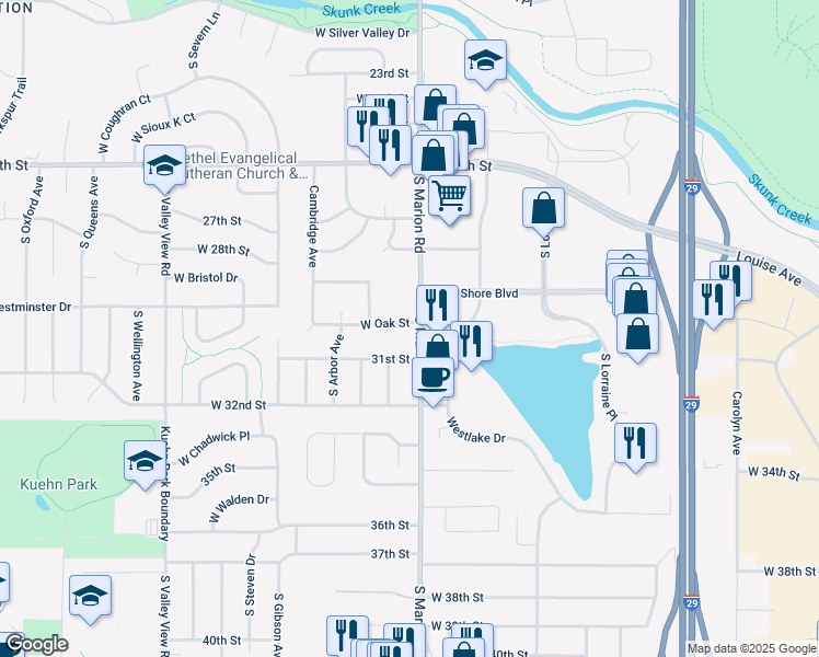 map of restaurants, bars, coffee shops, grocery stores, and more near 5403 West Oak Street in Sioux Falls