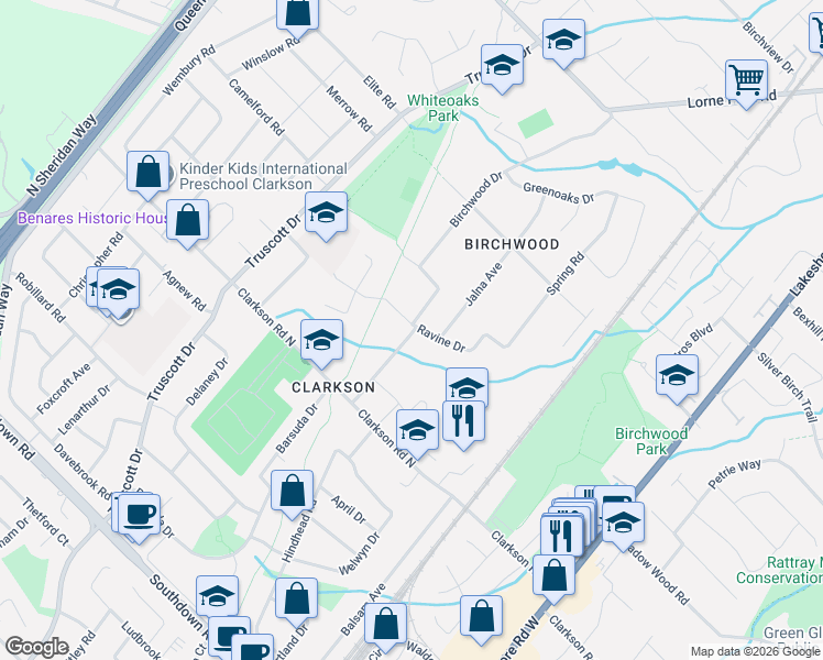 map of restaurants, bars, coffee shops, grocery stores, and more near 1701 Birchwood Drive in Mississauga