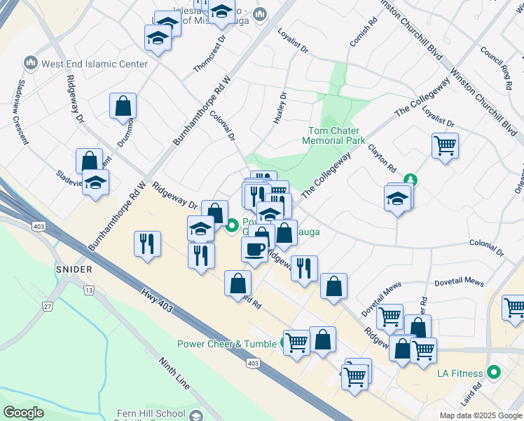 map of restaurants, bars, coffee shops, grocery stores, and more near in Mississauga