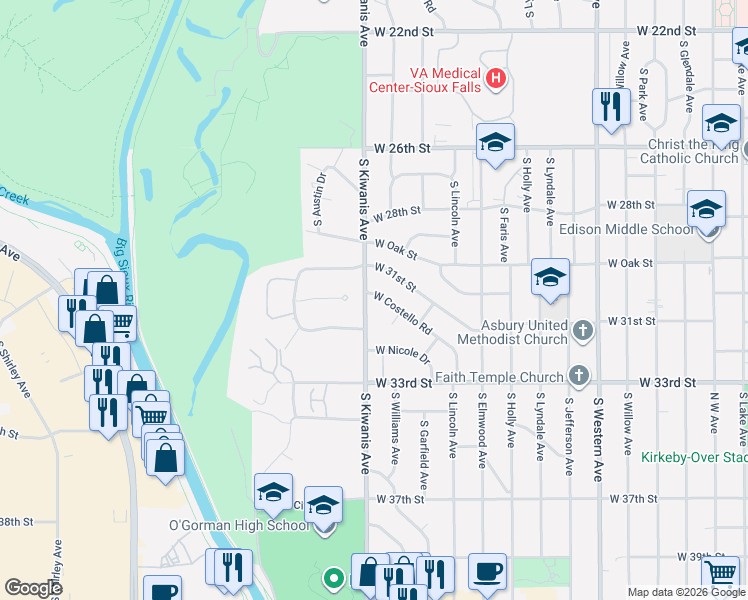 map of restaurants, bars, coffee shops, grocery stores, and more near 2599 S Rotary Ct in Sioux Falls