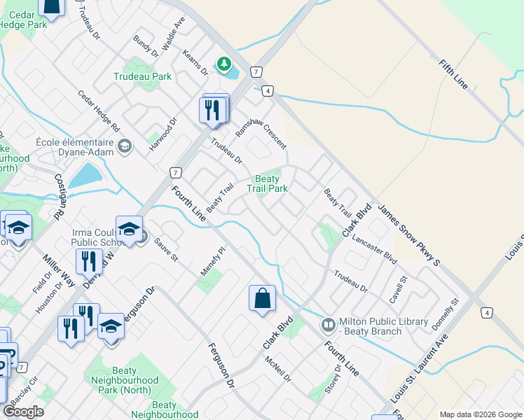 map of restaurants, bars, coffee shops, grocery stores, and more near 700 Trudeau Drive in Milton
