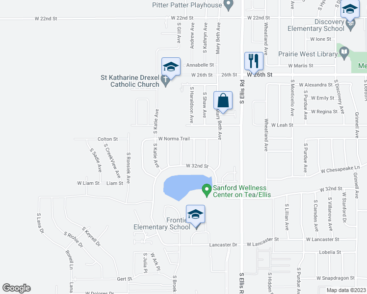 map of restaurants, bars, coffee shops, grocery stores, and more near 2208 South Hofstad Avenue in Sioux Falls
