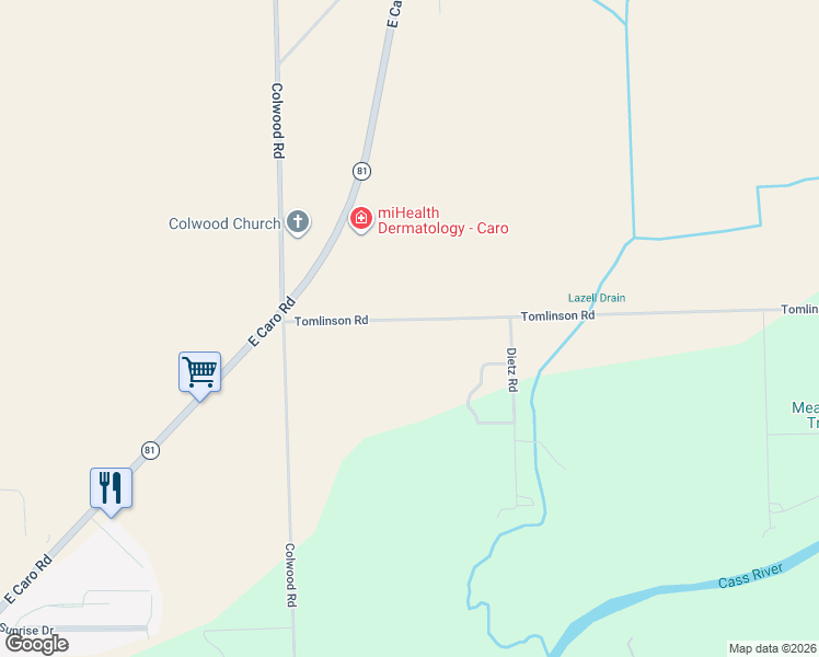 map of restaurants, bars, coffee shops, grocery stores, and more near 2000-2232 Tomlinson Road in Caro