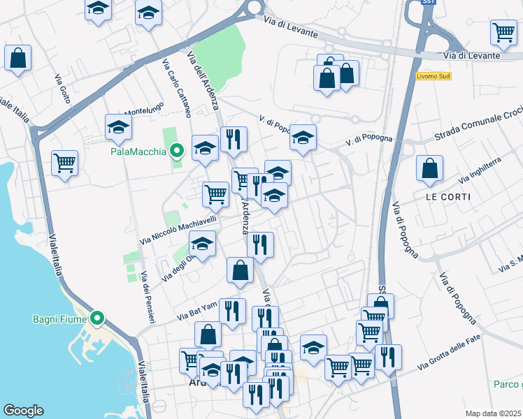 map of restaurants, bars, coffee shops, grocery stores, and more near 12 Via Luigi Settembrini in Livorno
