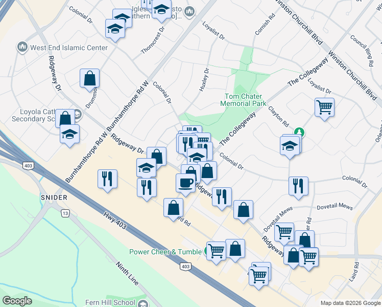 map of restaurants, bars, coffee shops, grocery stores, and more near 3560 Colonial Drive in Mississauga