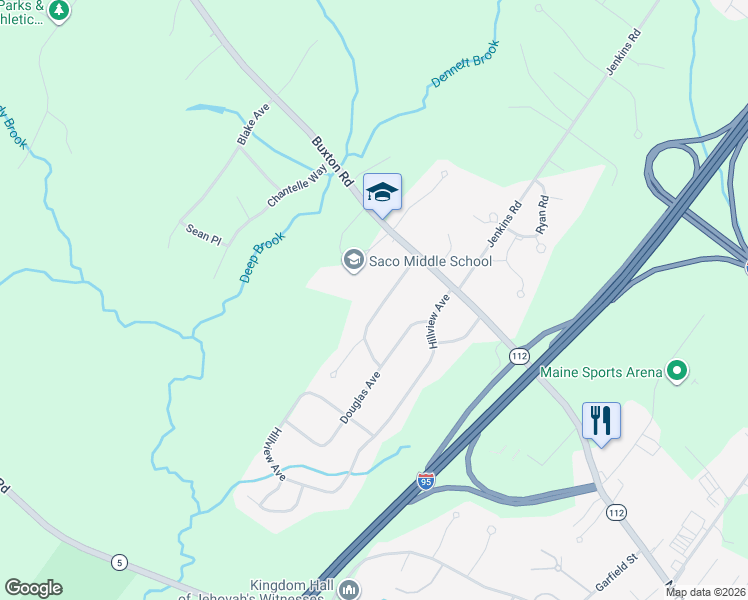 map of restaurants, bars, coffee shops, grocery stores, and more near 9 Wendy Way in Saco
