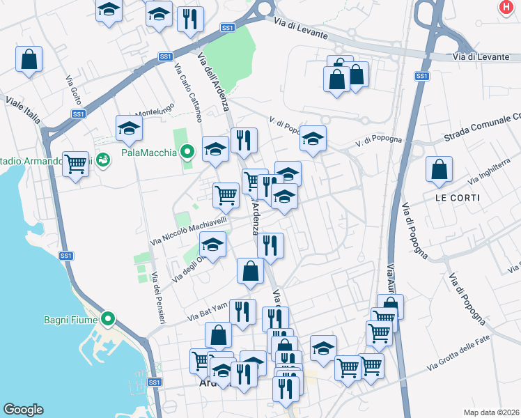 map of restaurants, bars, coffee shops, grocery stores, and more near 97 Via Ardenza in Livorno
