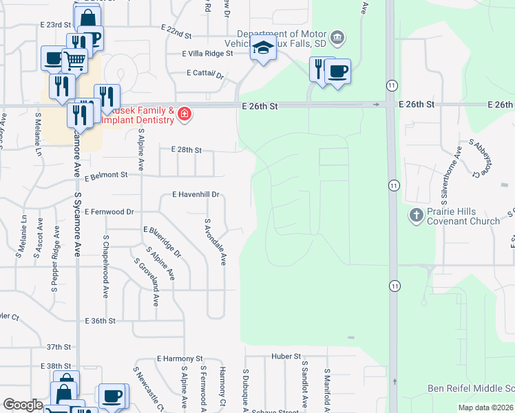 map of restaurants, bars, coffee shops, grocery stores, and more near 5030 East Havenhill Drive in Sioux Falls