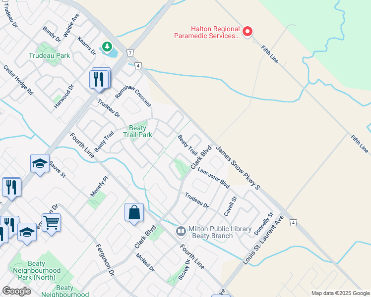 map of restaurants, bars, coffee shops, grocery stores, and more near 1636 Allan Crescent in Milton