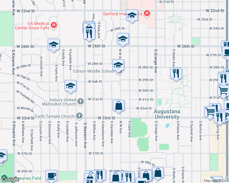 map of restaurants, bars, coffee shops, grocery stores, and more near 2209 South West Avenue in Sioux Falls