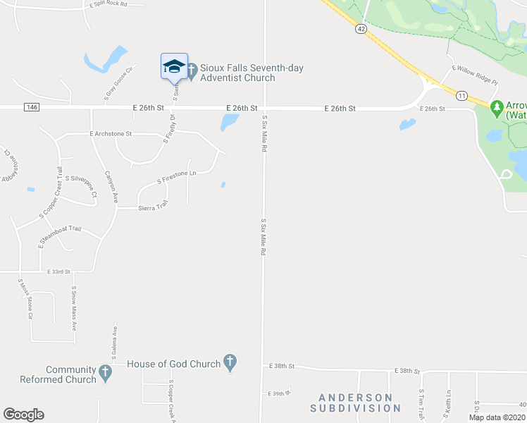 map of restaurants, bars, coffee shops, grocery stores, and more near South Six Mile Road in Sioux Falls