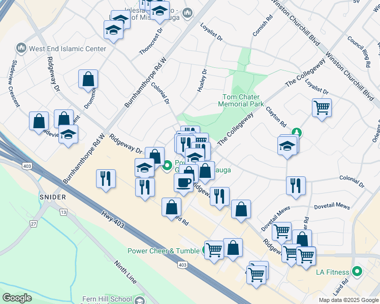 map of restaurants, bars, coffee shops, grocery stores, and more near 3562 Colonial Drive in Mississauga
