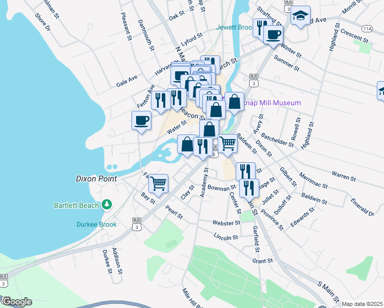 map of restaurants, bars, coffee shops, grocery stores, and more near 16 Varney Court in Laconia