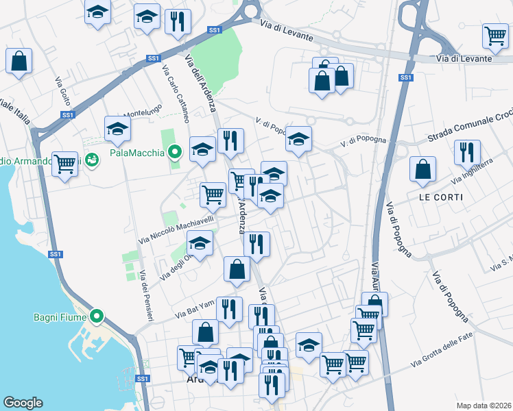 map of restaurants, bars, coffee shops, grocery stores, and more near Via Luigi Settembrini in Livorno