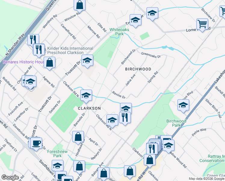 map of restaurants, bars, coffee shops, grocery stores, and more near 1654 Birchwood Drive in Mississauga