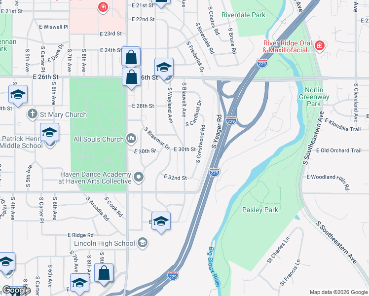 map of restaurants, bars, coffee shops, grocery stores, and more near 2299 S Blauvelt Ave in Sioux Falls