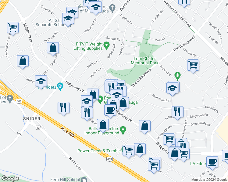 map of restaurants, bars, coffee shops, grocery stores, and more near in Mississauga