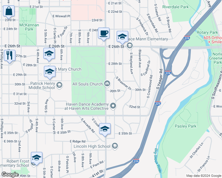 map of restaurants, bars, coffee shops, grocery stores, and more near 2108-2298 South Cliff Avenue in Sioux Falls