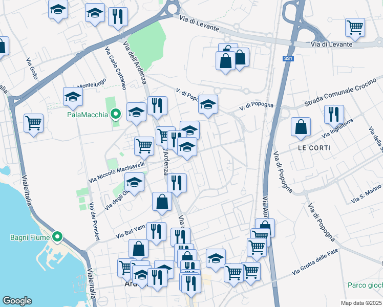 map of restaurants, bars, coffee shops, grocery stores, and more near Via Luigi Settembrini in Livorno