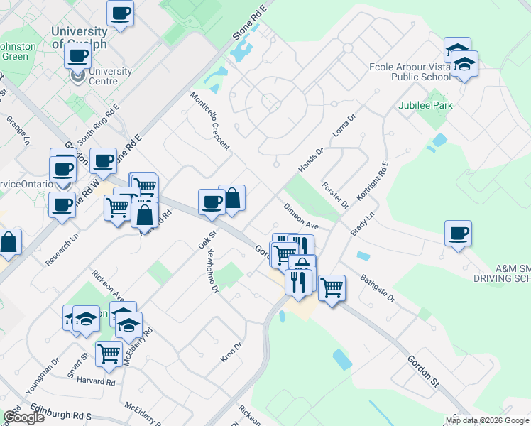 map of restaurants, bars, coffee shops, grocery stores, and more near 19 Hands Drive in Guelph