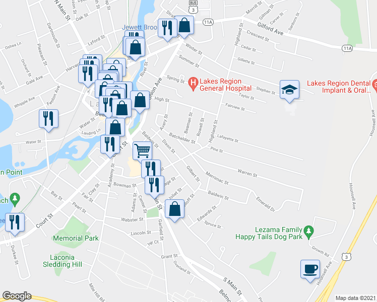 map of restaurants, bars, coffee shops, grocery stores, and more near 36 Tyler Street in Laconia