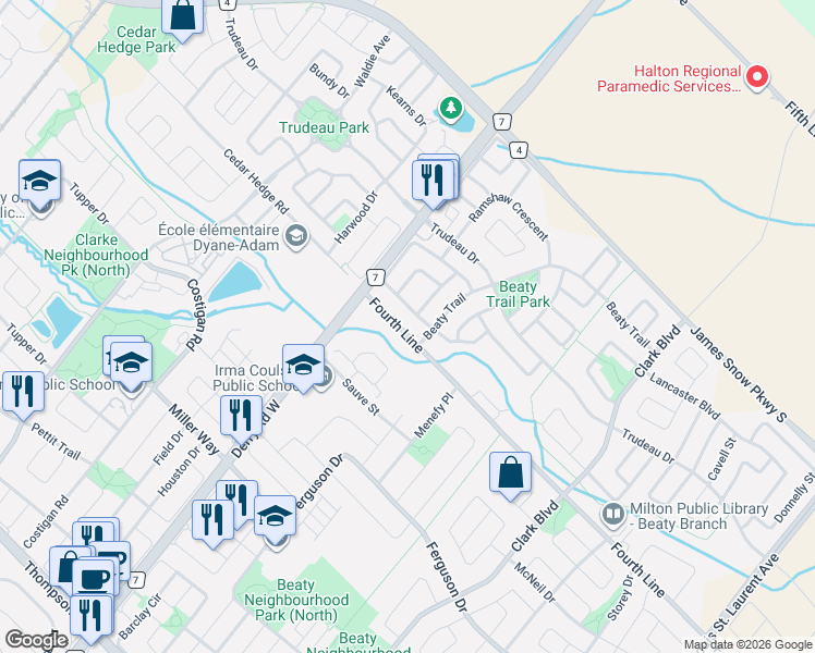 map of restaurants, bars, coffee shops, grocery stores, and more near 627 Fourth Line in Milton