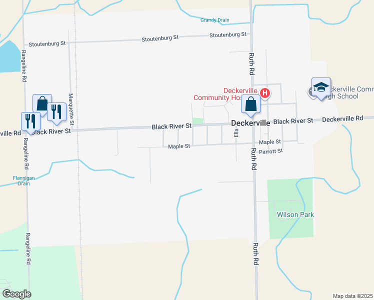 map of restaurants, bars, coffee shops, grocery stores, and more near 3456 Vincent Street in Deckerville