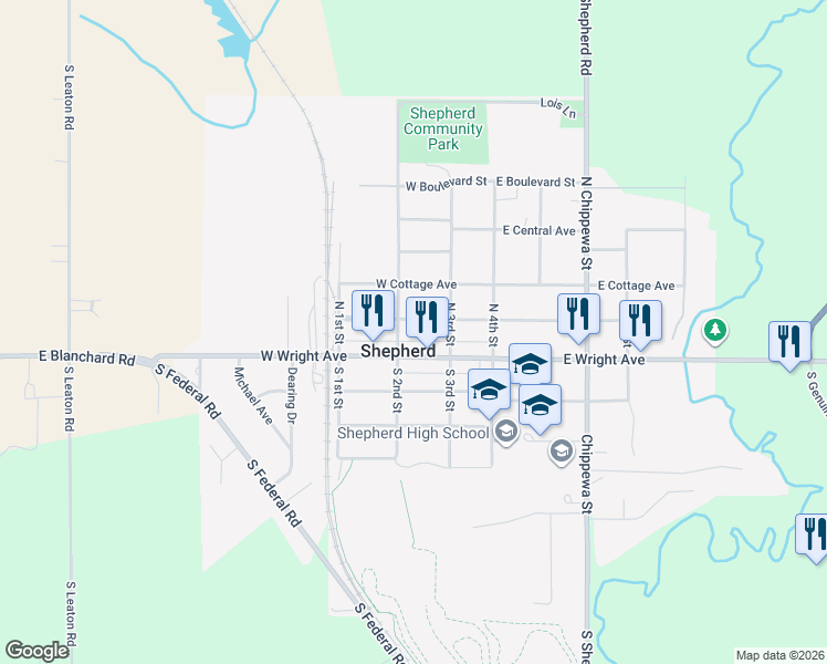 map of restaurants, bars, coffee shops, grocery stores, and more near 200 West Orchard Avenue in Shepherd