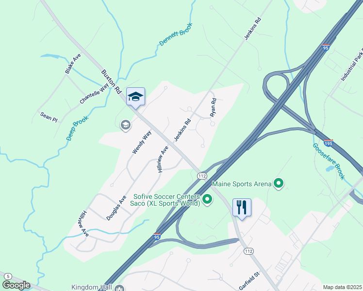 map of restaurants, bars, coffee shops, grocery stores, and more near 7 Jenkins Road in Saco