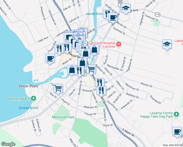 map of restaurants, bars, coffee shops, grocery stores, and more near 25 Union Avenue in Laconia