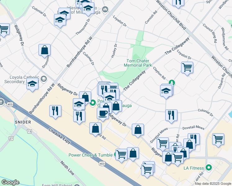 map of restaurants, bars, coffee shops, grocery stores, and more near 3541 Colonial Drive in Mississauga