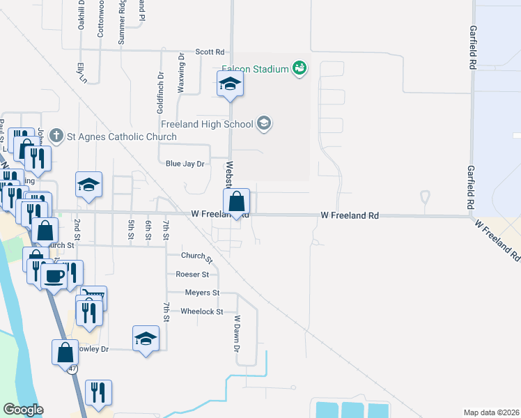 map of restaurants, bars, coffee shops, grocery stores, and more near 9891 Elmwood Drive in Freeland