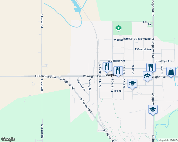map of restaurants, bars, coffee shops, grocery stores, and more near 114 Tara Court in Shepherd