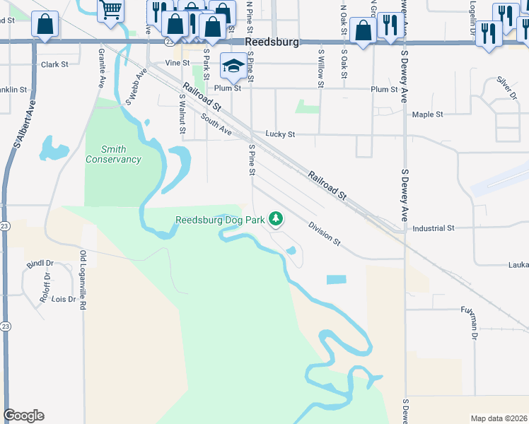 map of restaurants, bars, coffee shops, grocery stores, and more near 620 Division Street in Reedsburg
