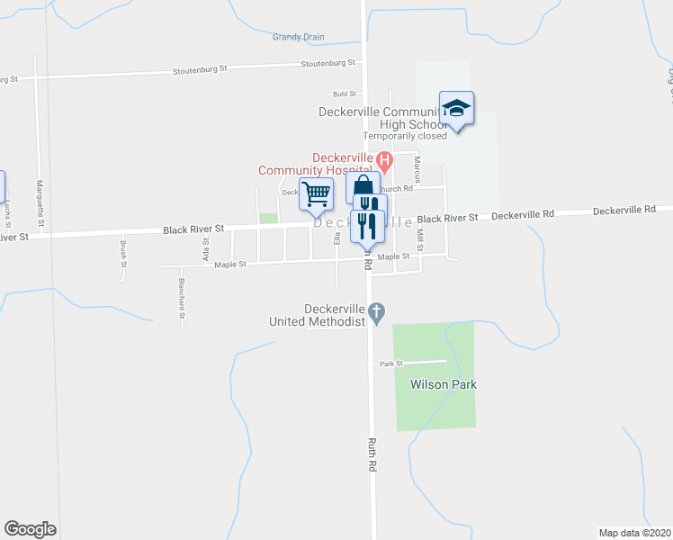 map of restaurants, bars, coffee shops, grocery stores, and more near 3387 Ella in Deckerville