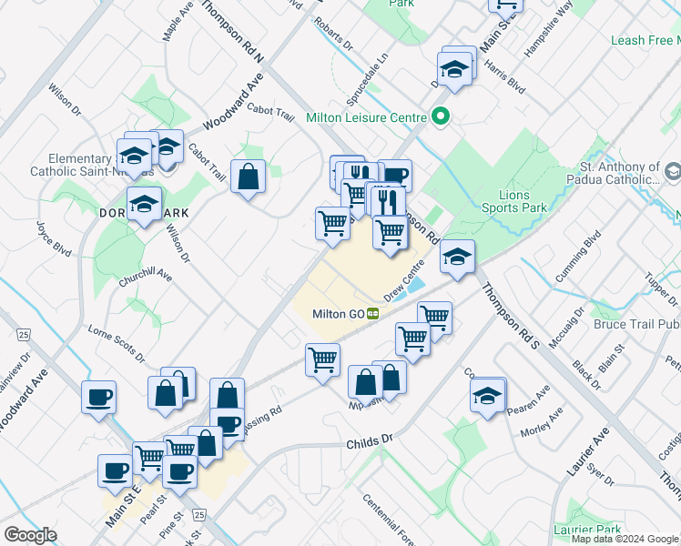 map of restaurants, bars, coffee shops, grocery stores, and more near 800 Main St E in Milton