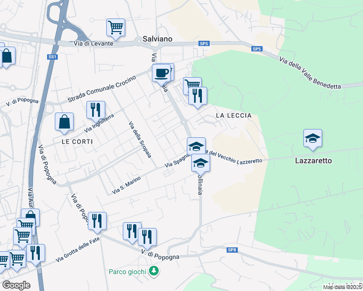 map of restaurants, bars, coffee shops, grocery stores, and more near 33 Via Francia in Livorno