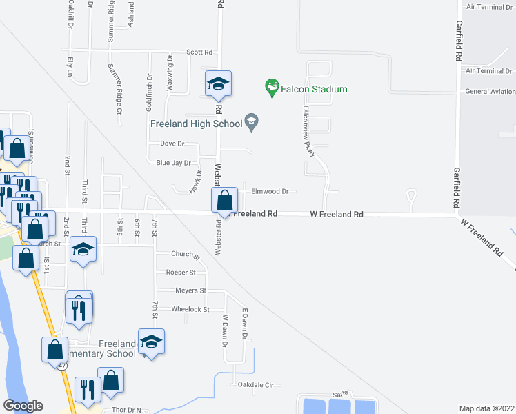 map of restaurants, bars, coffee shops, grocery stores, and more near 9870 West Freeland Road in Freeland